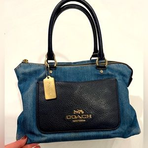 Coach Mini Emma Satchel Denim and Pebble Leather, Gold Hardware, Floral Print